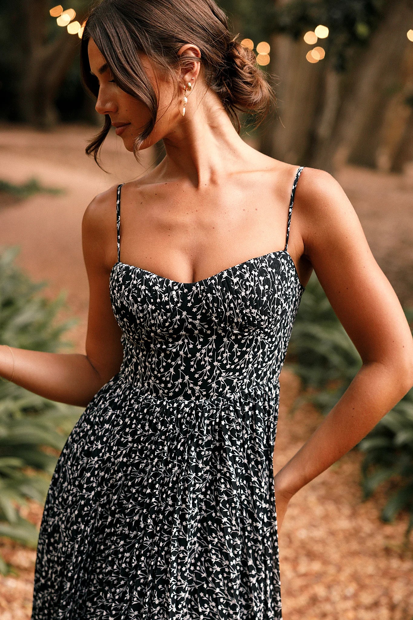 Close detail of the black floral print