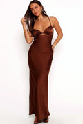 Front view of a brown satin maxi dress with a front cut-out