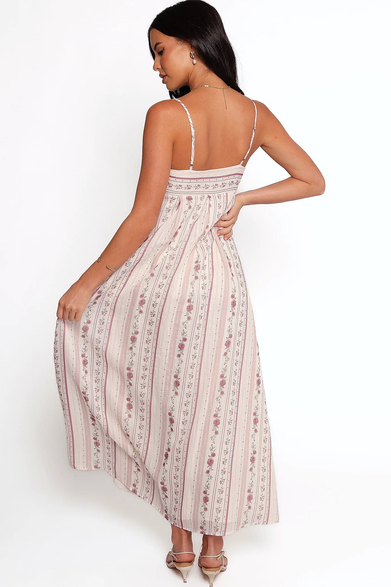 Close detail of the front pleat and floral print