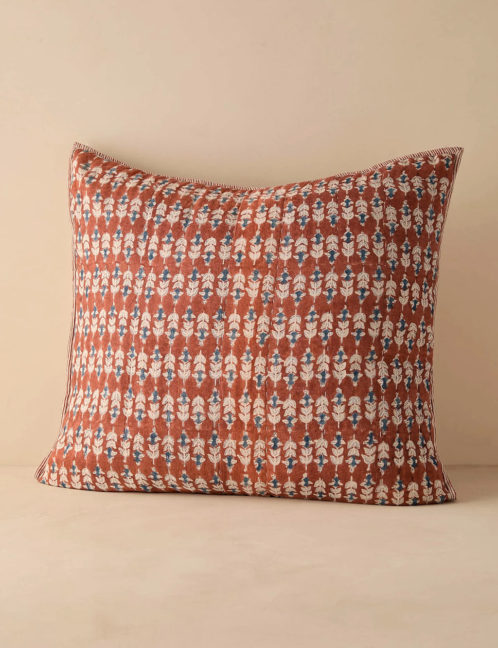 Euro size block print linen-cotton sham photographed flat