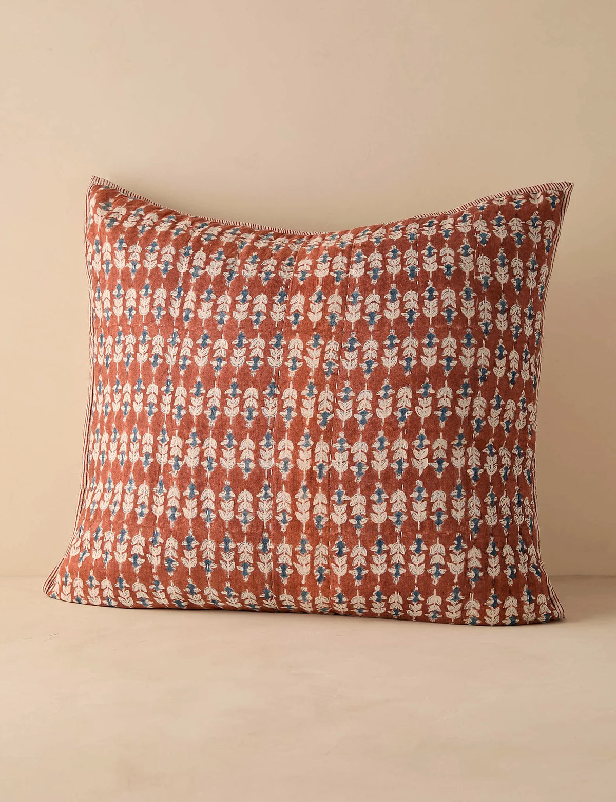 Euro size block print linen-cotton sham photographed flat
