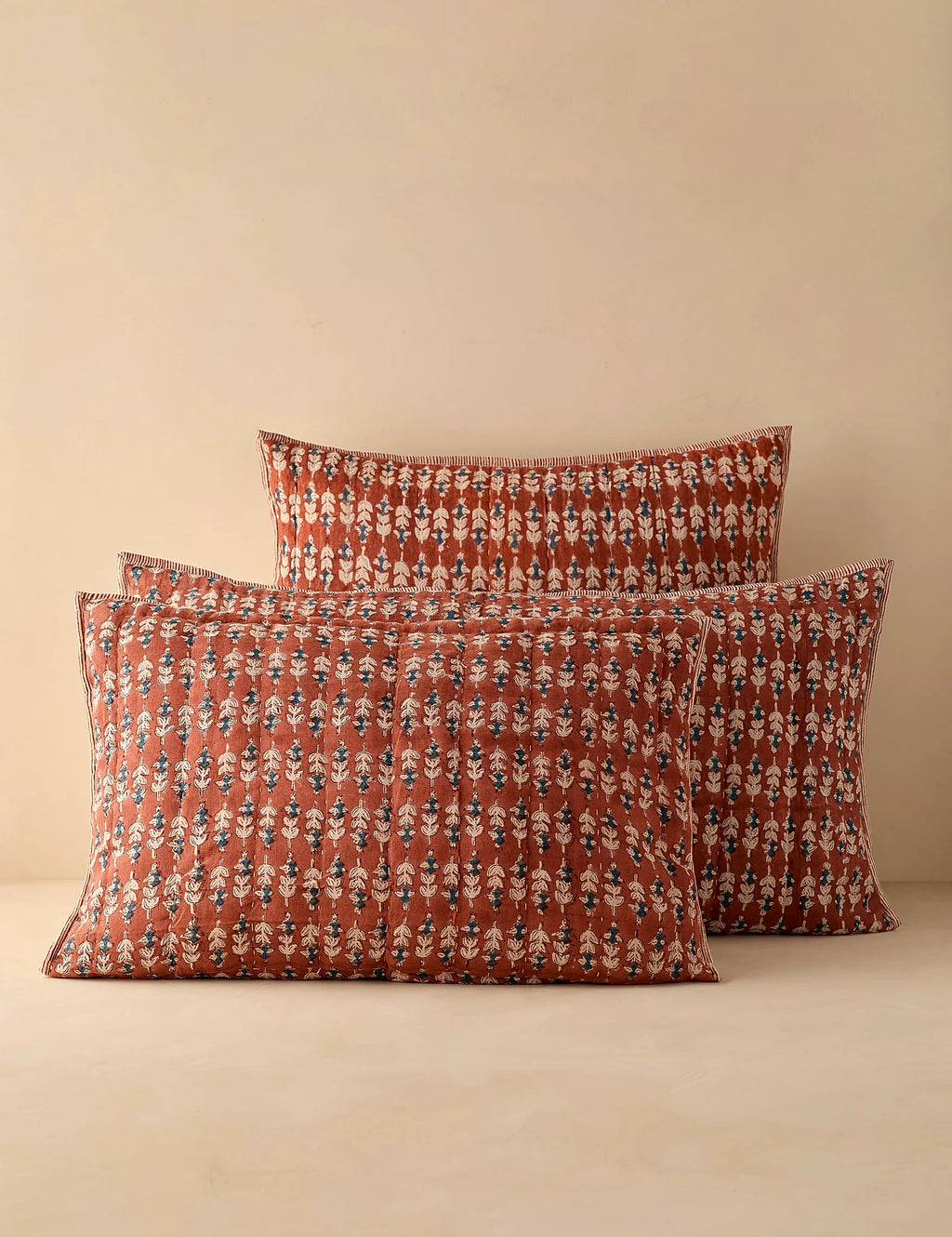 Group shot of block print shams in standard and euro sizes