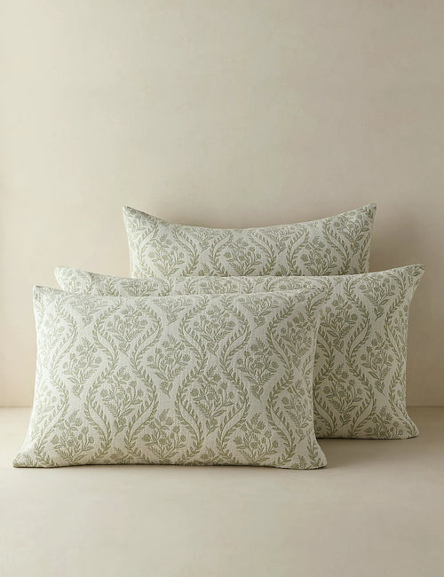 Group shot of sage botanical cotton shams in two sizes