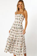 Front view of a vintage fruit print cotton midi dress