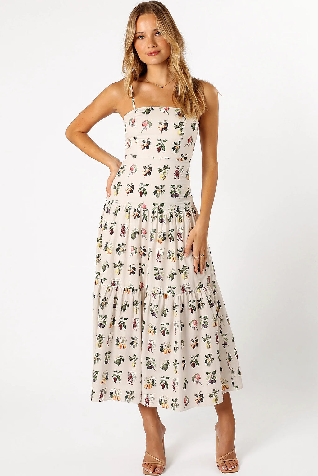 Side view showing the drop tier A-line skirt
