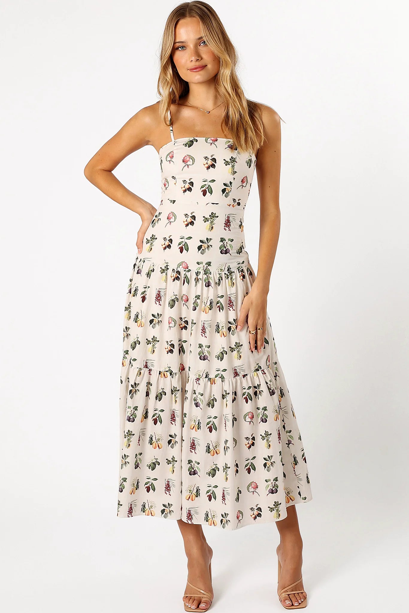 Side view showing the drop tier A-line skirt