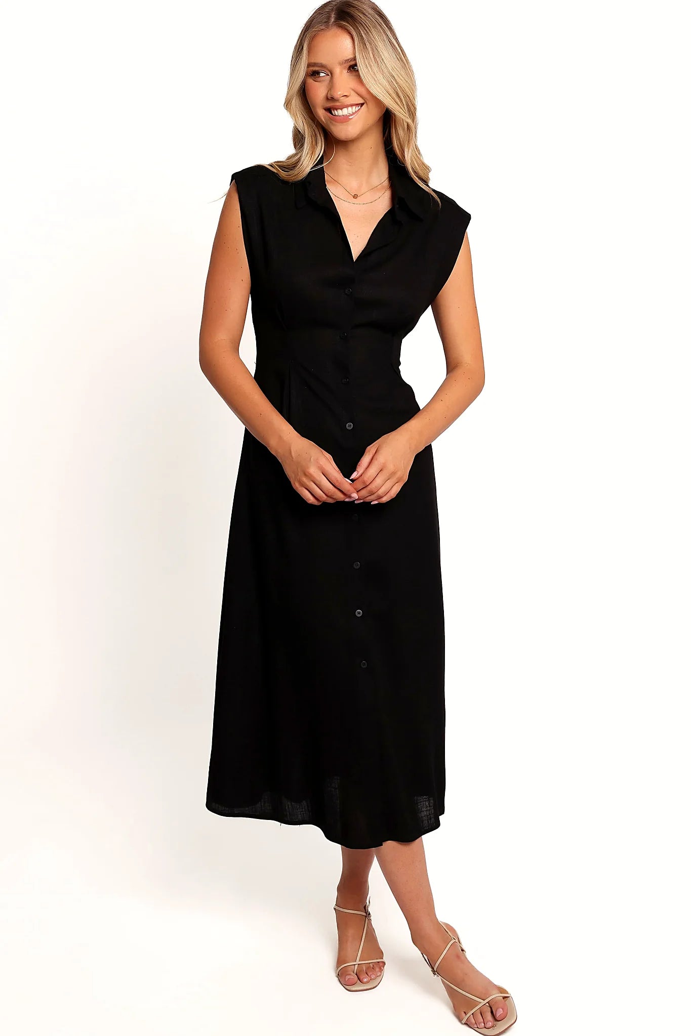 Side view showing the attached waist tie fastened