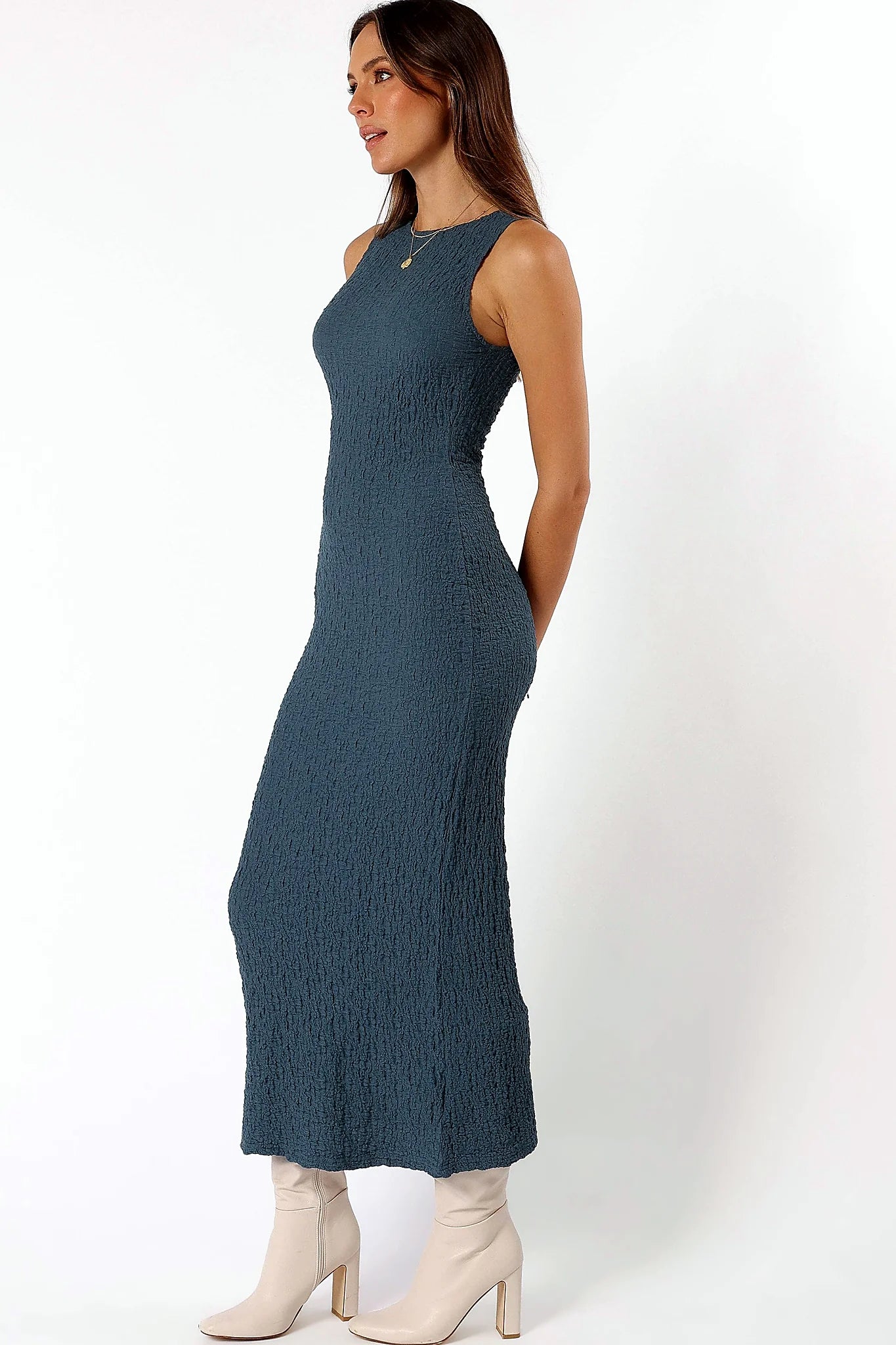 Back view of the slim-fitting maxi dress