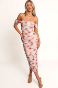 Front view of a pink midi dress with a rose floral mesh overlay