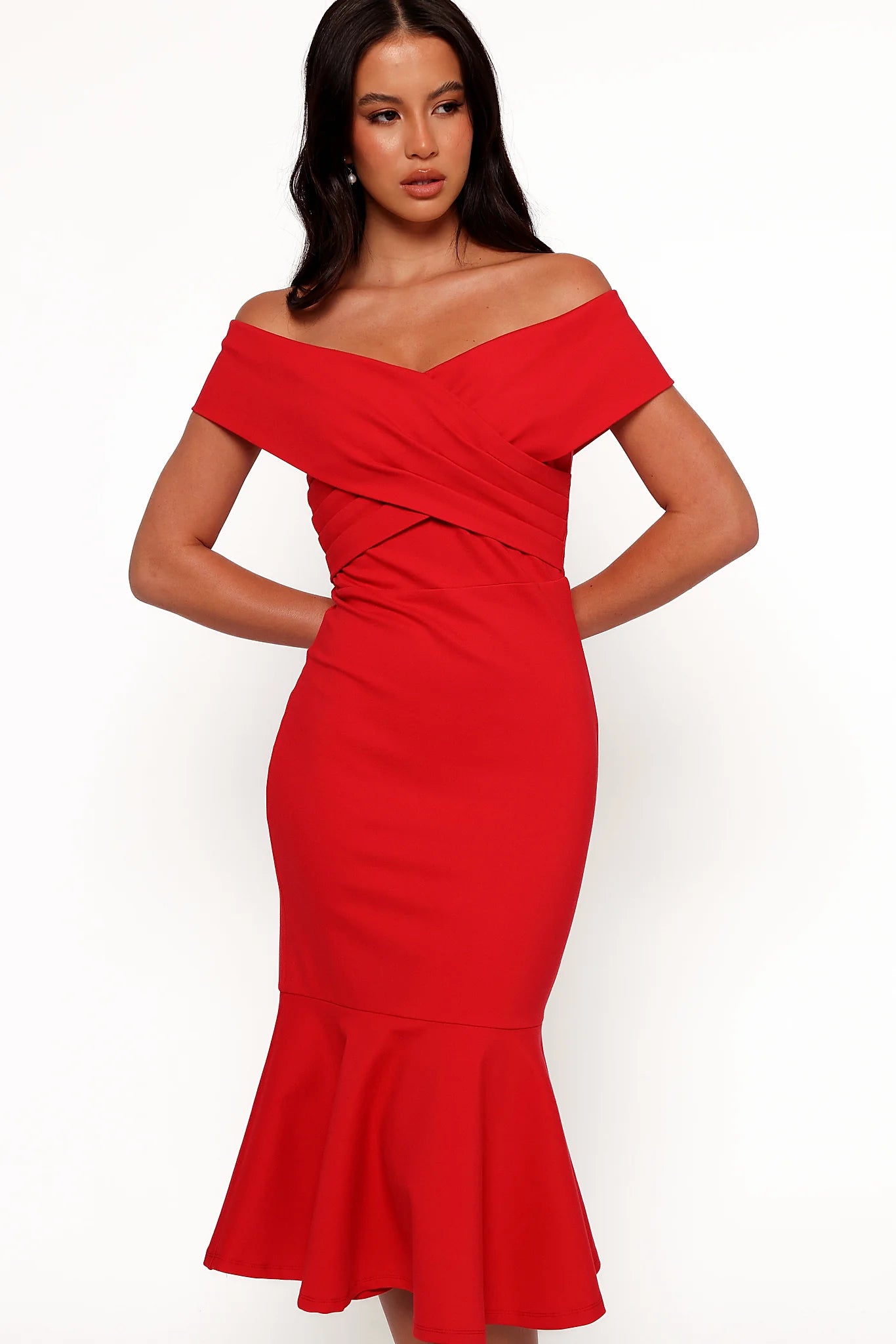 Front view of a red off-shoulder midi dress with a pleated bodice