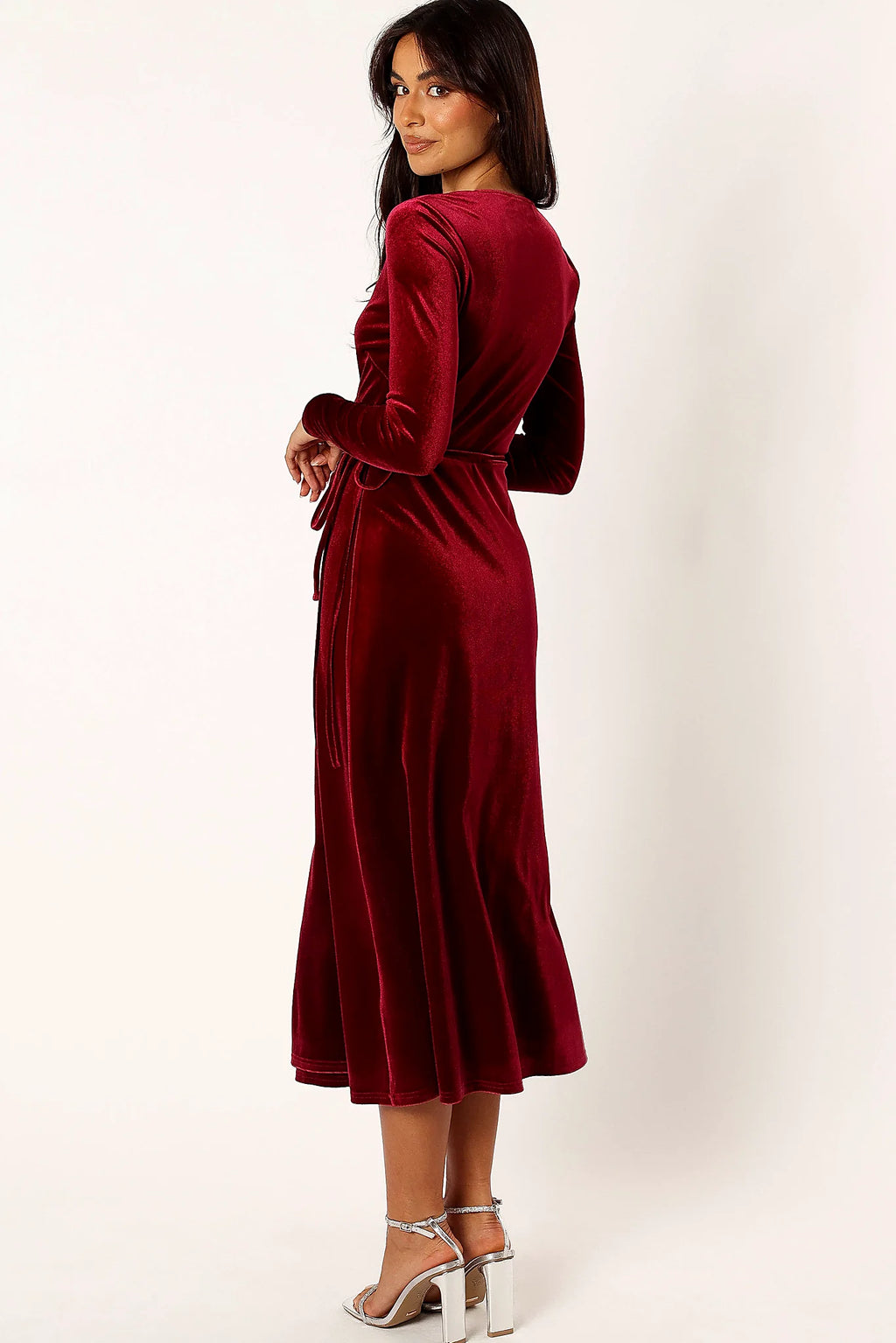 Back view of the long-sleeve wrap midi dress