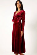 Front view of a wine velvet wrap midi dress with a V overlay neckline