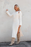 Front view of a white boucle knit midi dress with a front cut-out