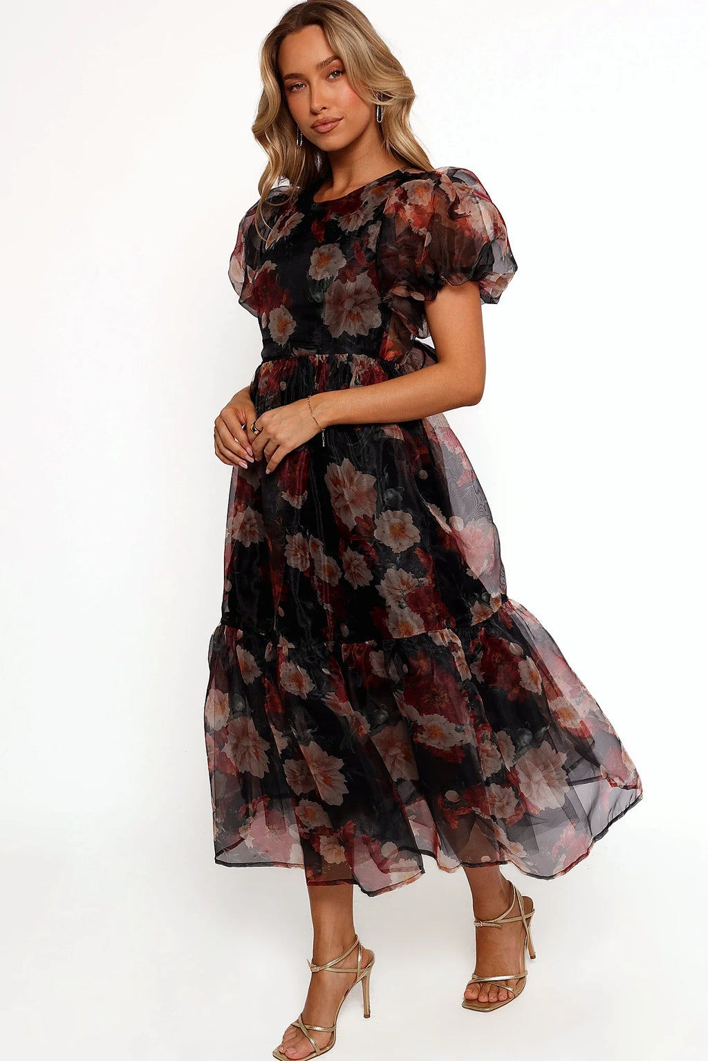 Side view of the A-line skirt with a ruffle hemline