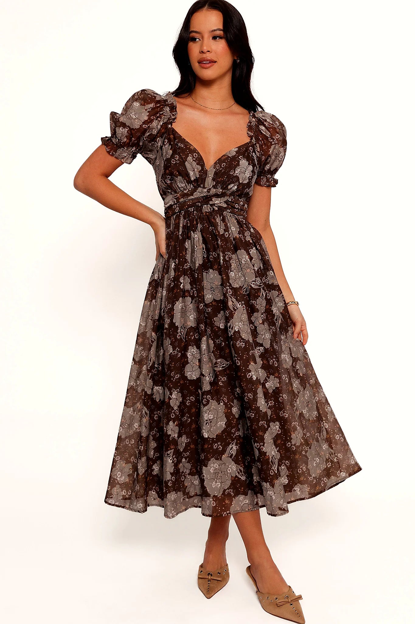 Side view of the empire waist and long floral skirt