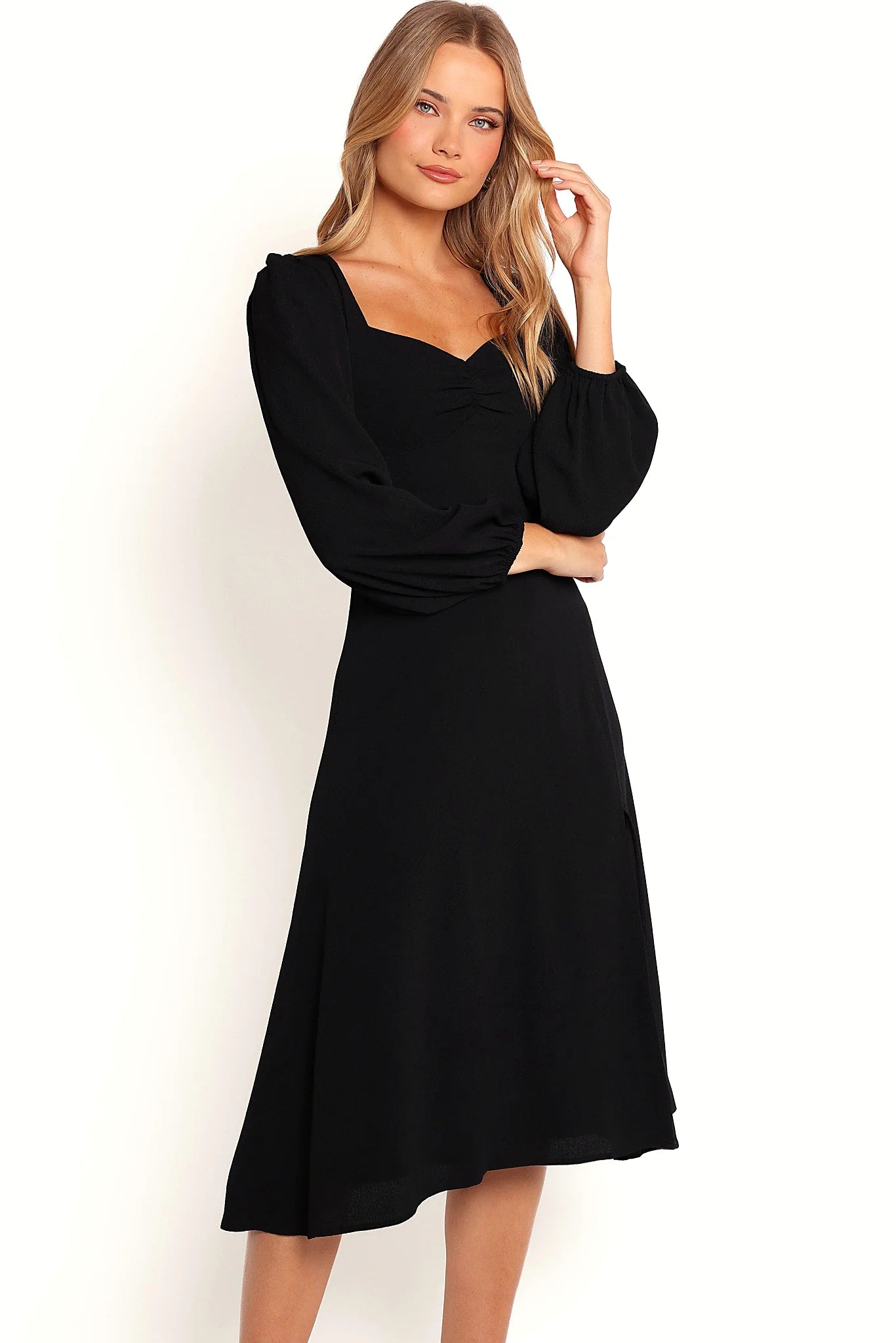 Side view showing the front split opening the skirt