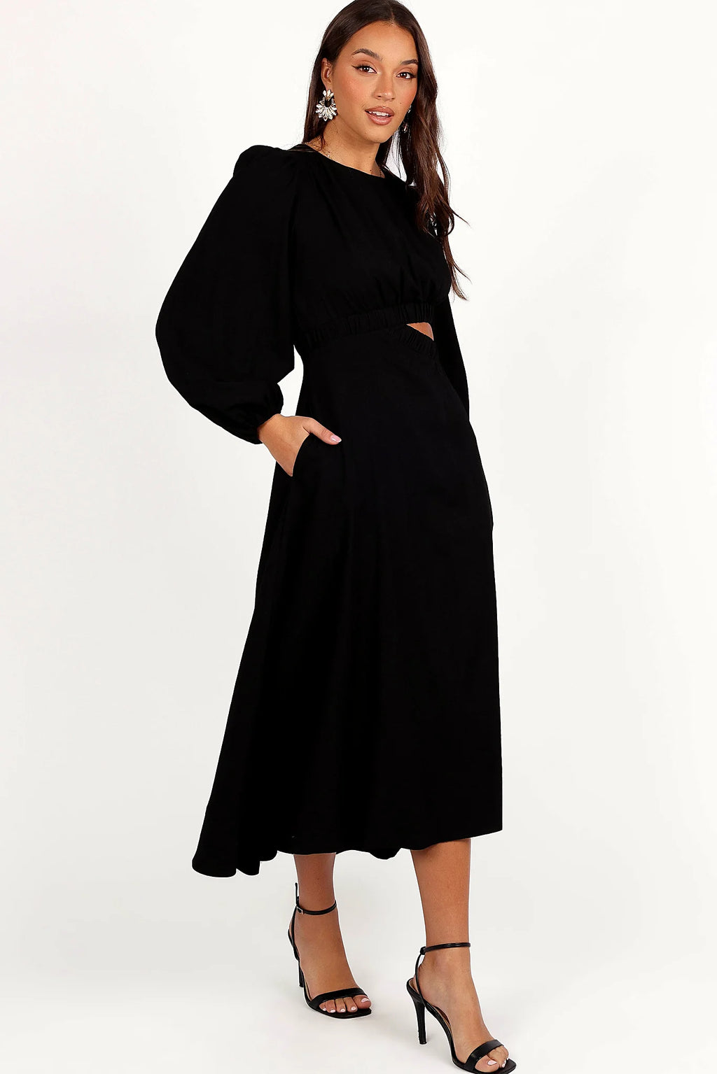 Ginnee Puff Sleeve Cutout Midi Dress - Black