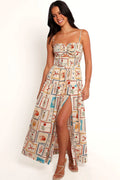 Front view of a printed cotton maxi dress with a sweetheart neckline