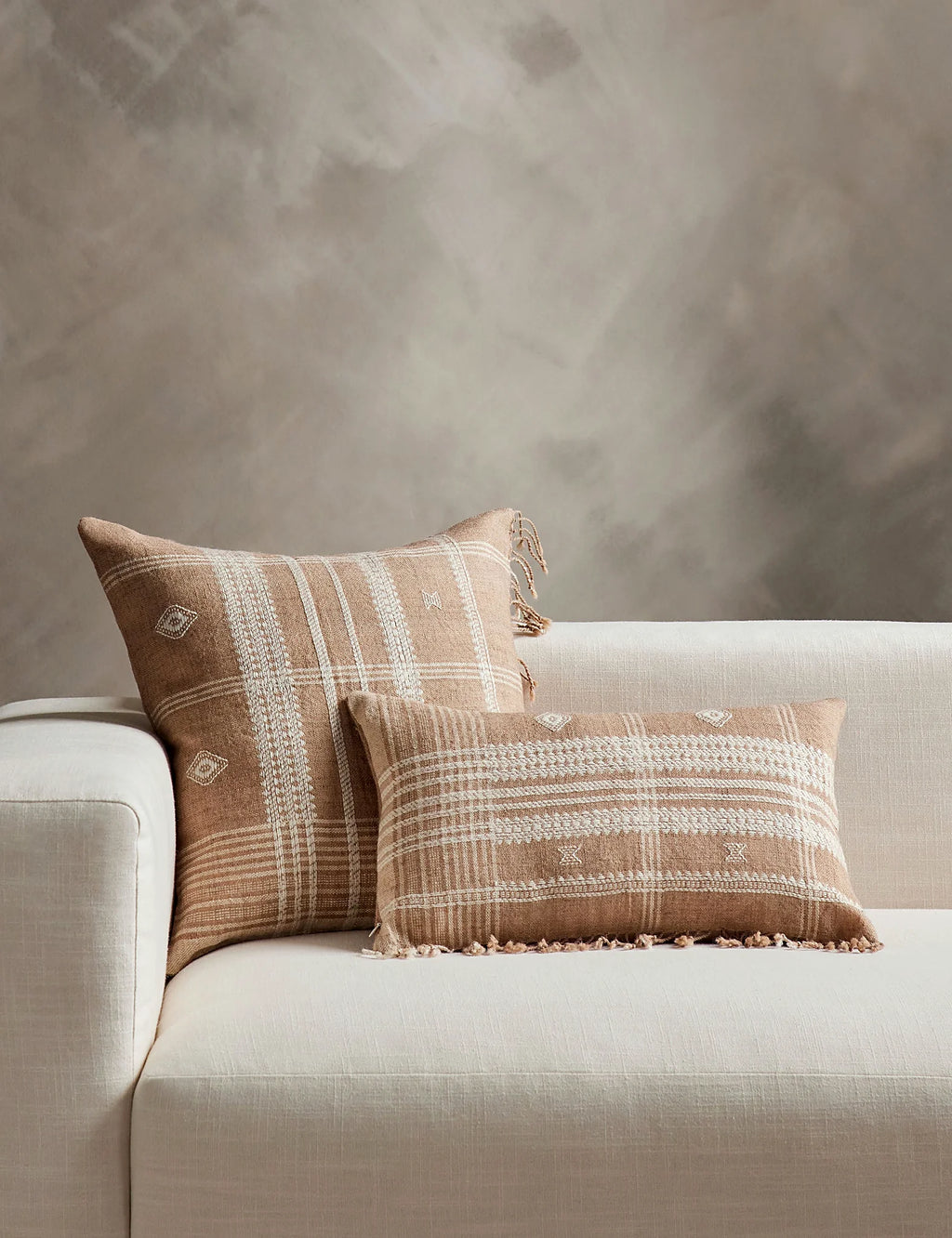 Detail of the geometric weave on a Desi wool pillow