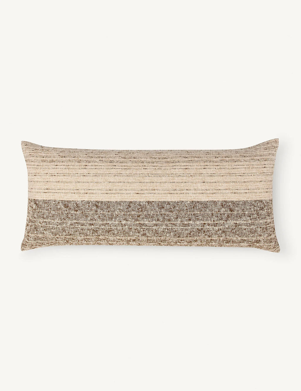 Back view of a heathered weave throw pillow against a plain ground