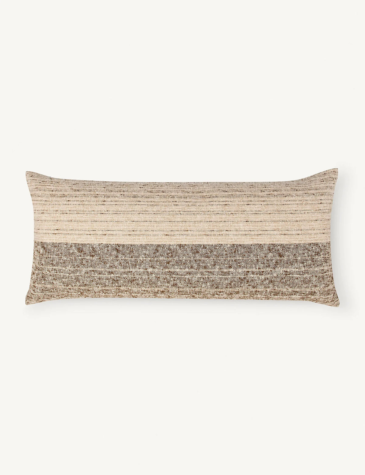 Back view of a heathered weave throw pillow against a plain ground