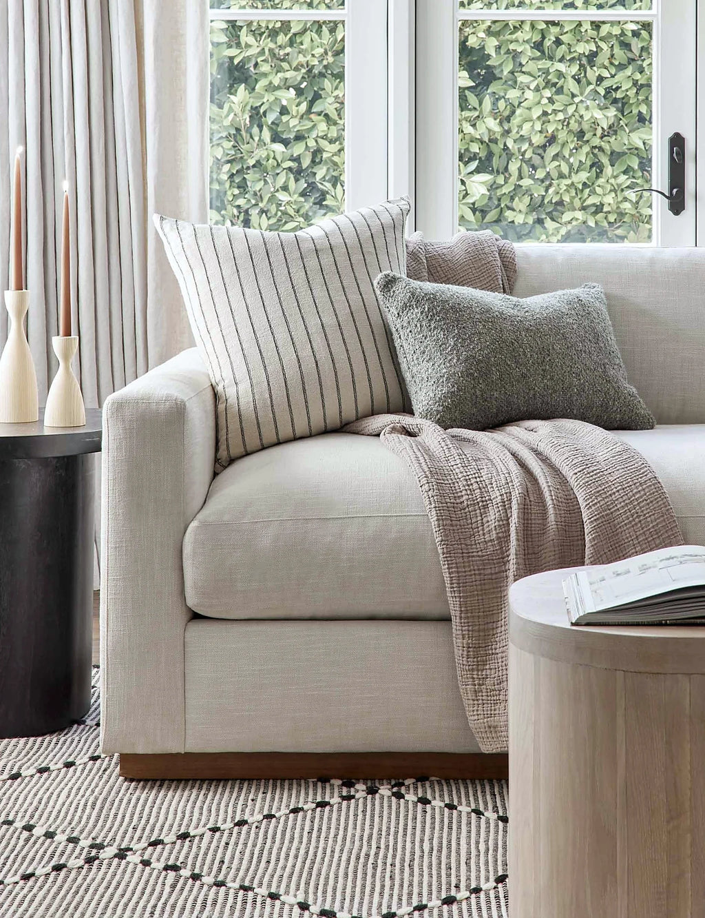 Hemp accent pillow styled on a sofa in a living room