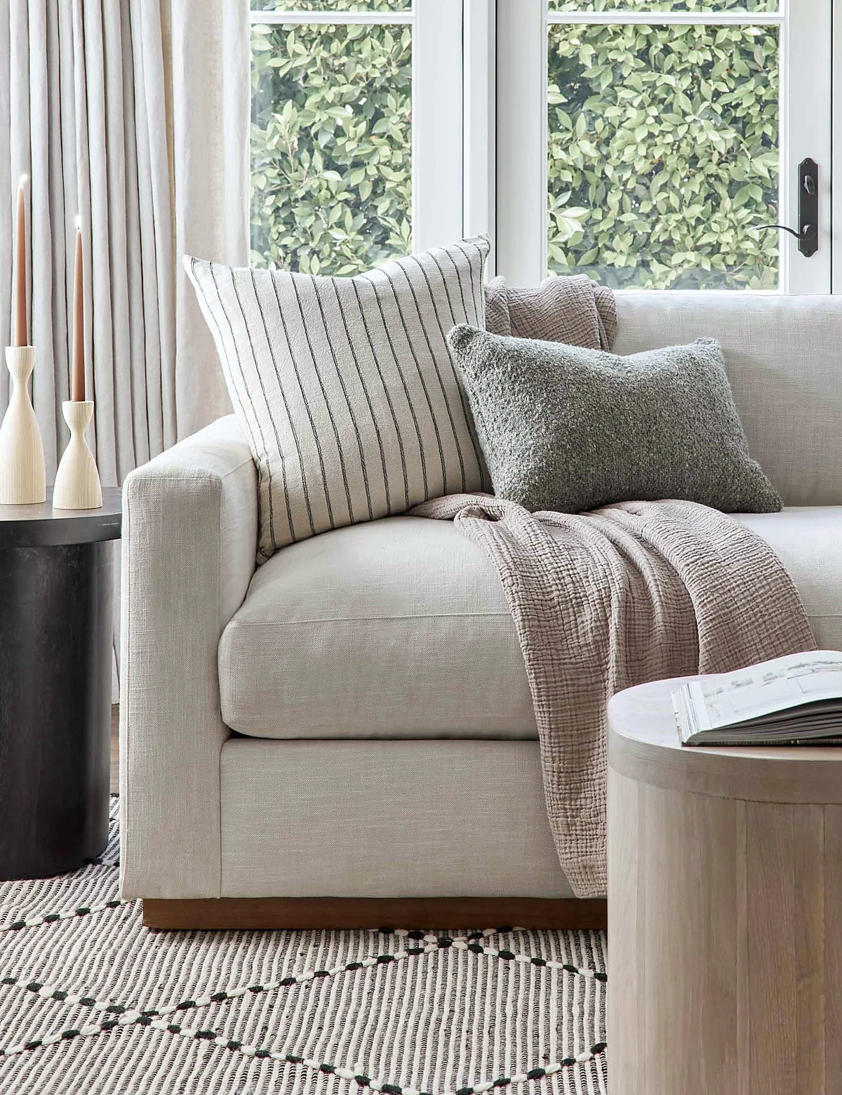 Hemp accent pillow styled on a sofa in a living room