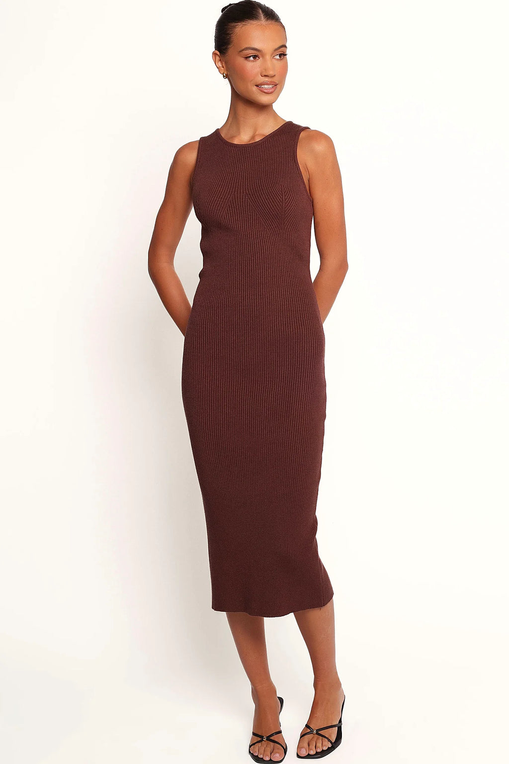 Back view of the ribbed midi dress