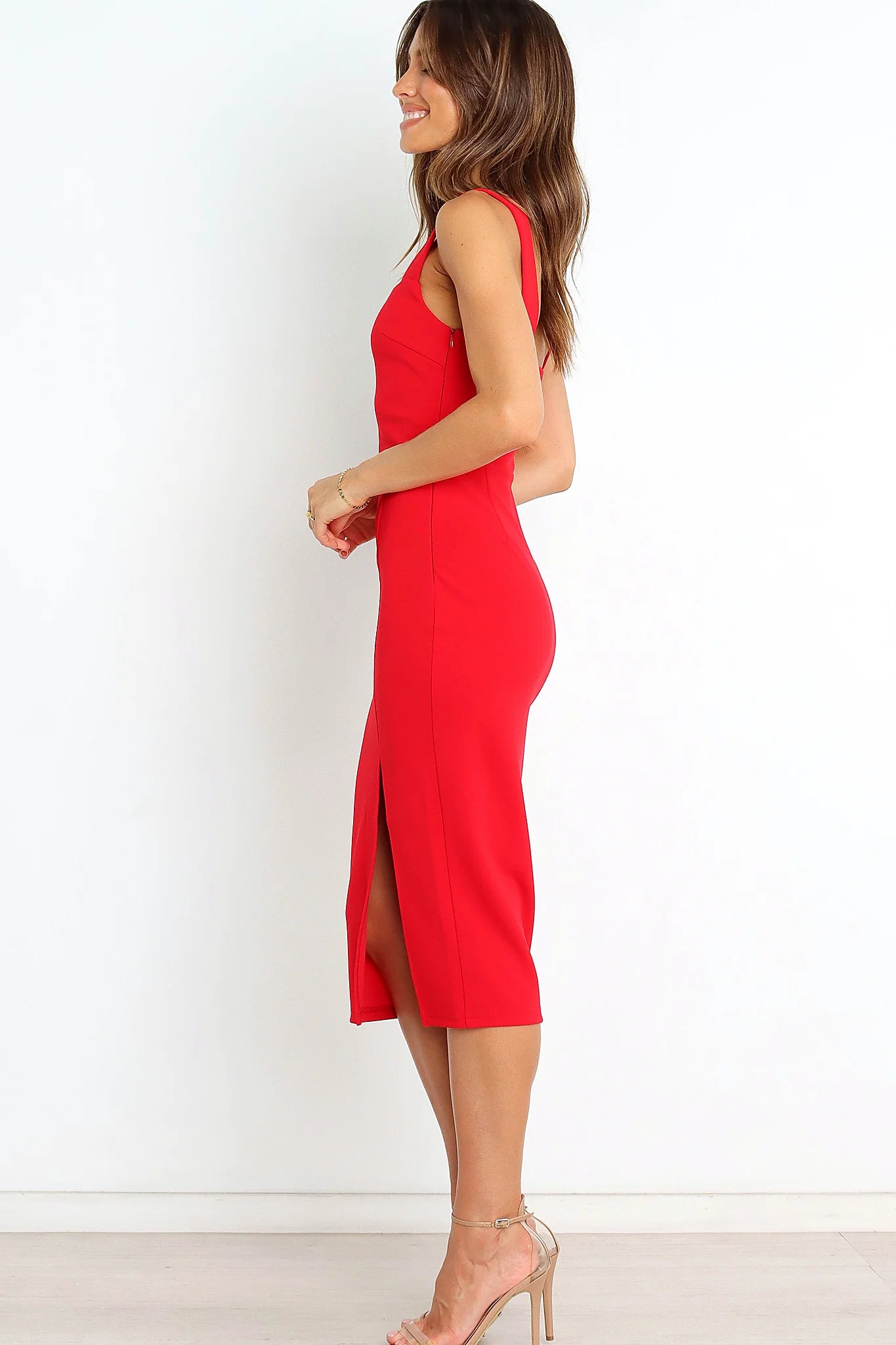 Back view of the red midi dress