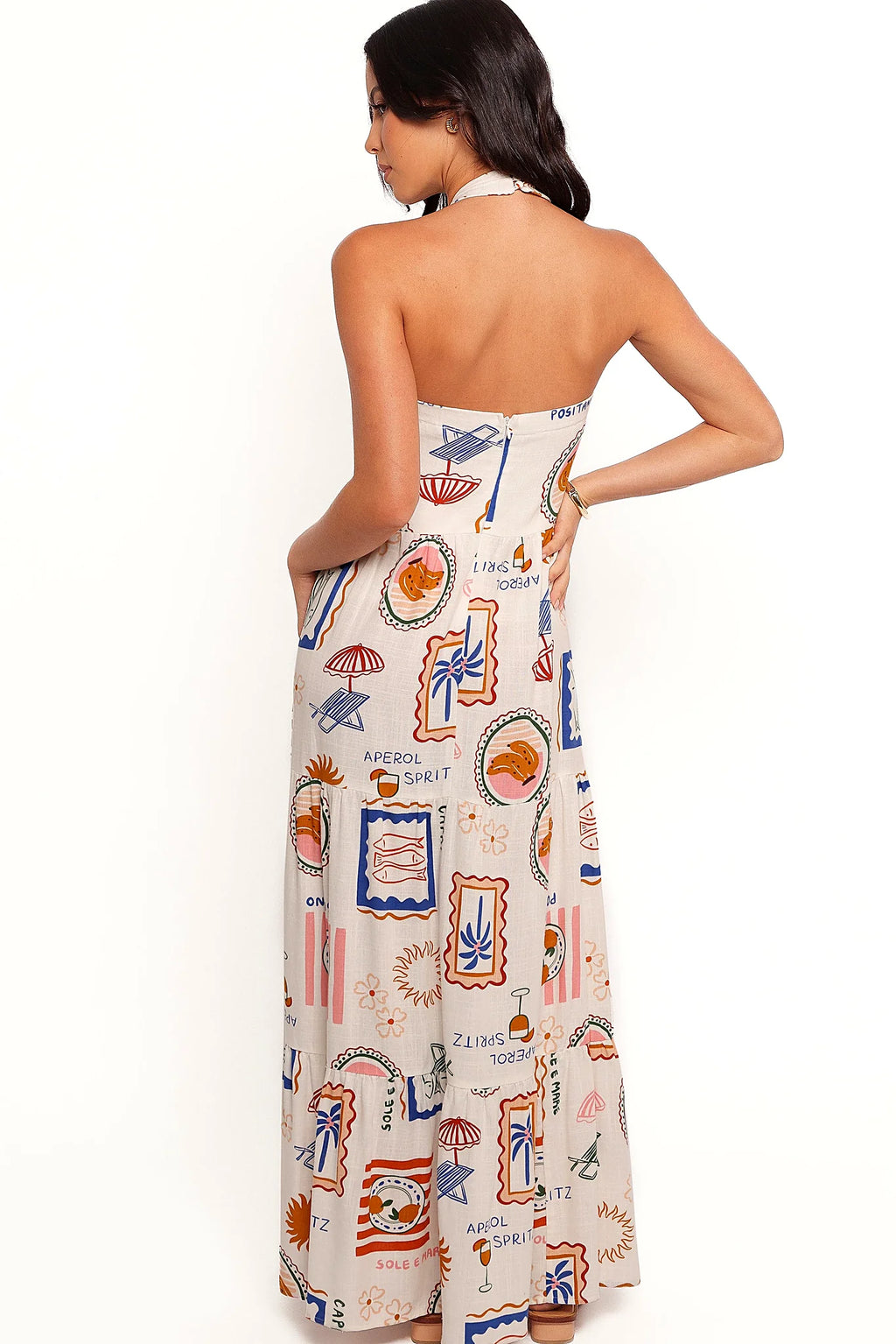Side view of the long printed skirt