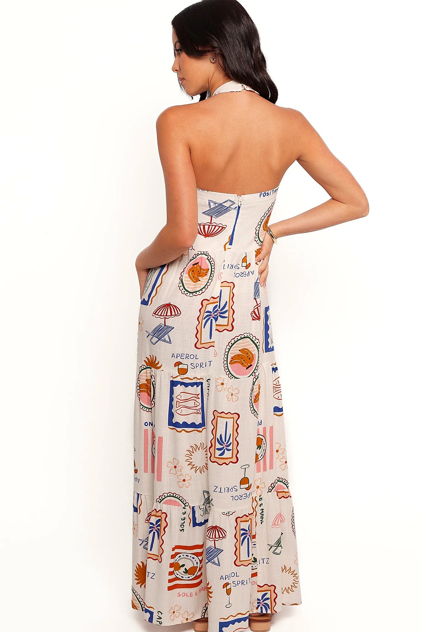 Side view of the long printed skirt