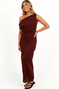 Front view of a brown linen maxi dress with an asymmetric off-shoulder neckline