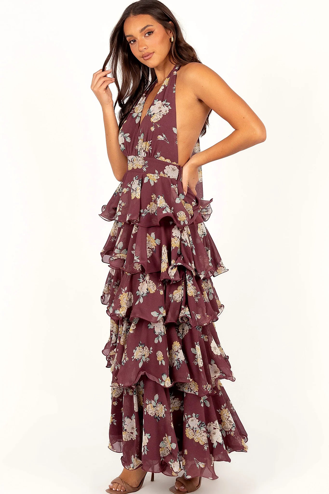 Side view of the tiered ruffle skirt falling to the floor