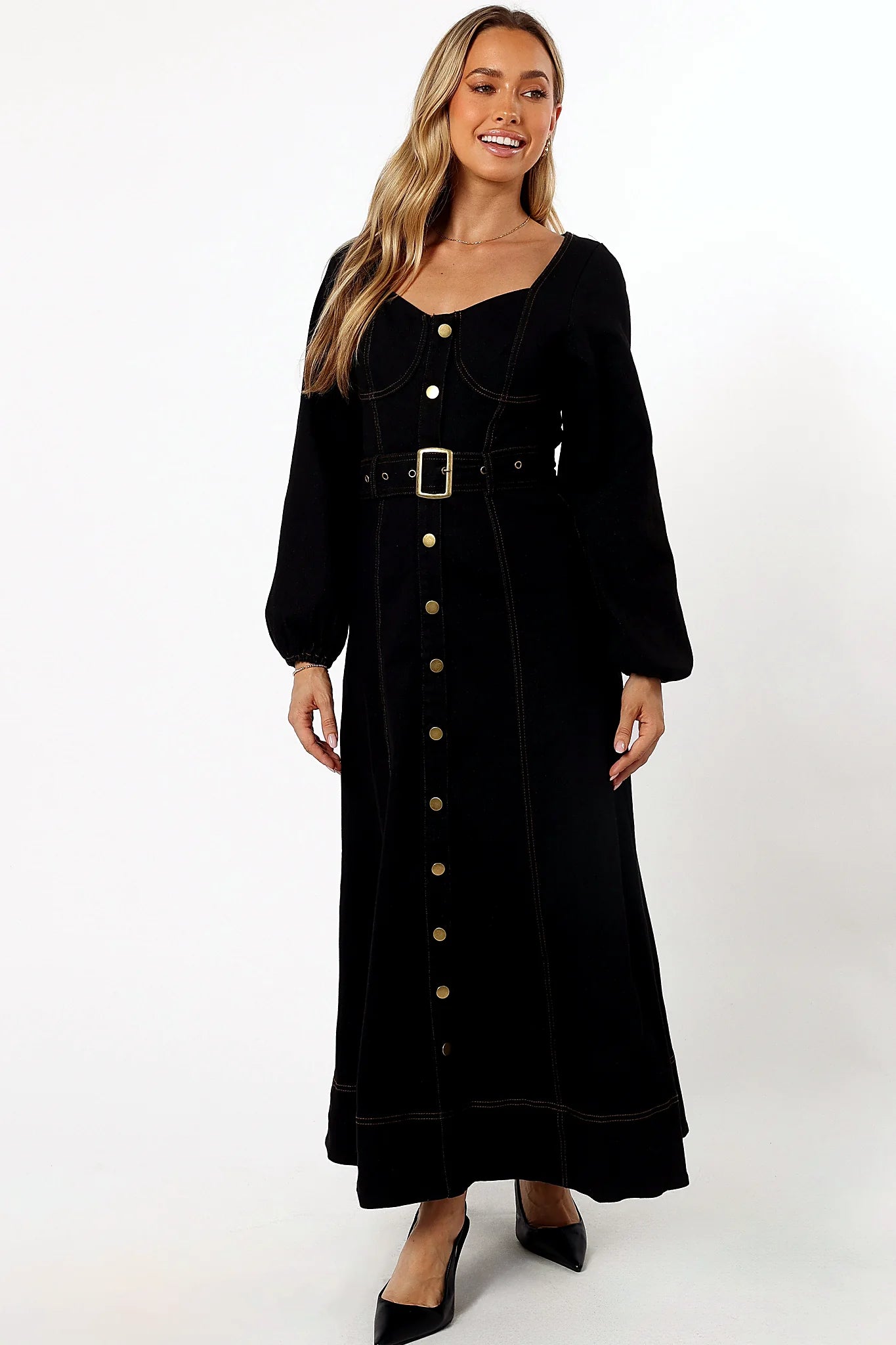 Back view of the long-sleeve maxi dress with a back zip