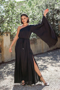 Front view of a black one shoulder maxi dress with a long flared sleeve