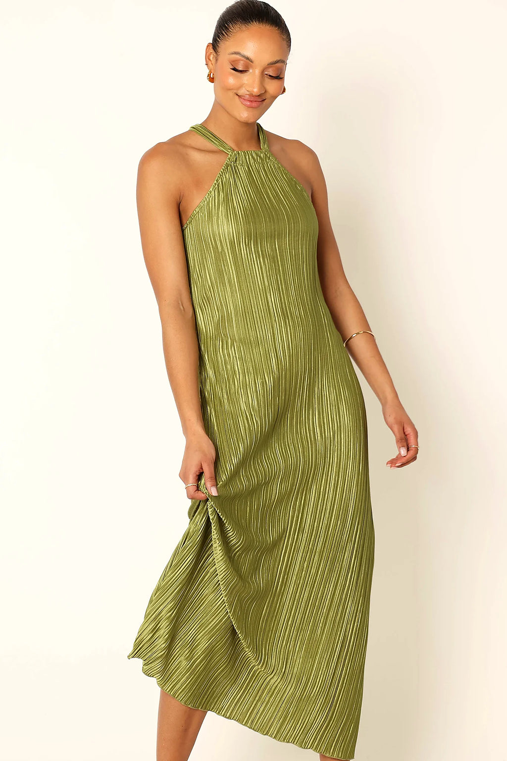 Melody Plisse Halter Maxi Dress - Olive