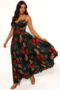 Front view of a green floral maxi dress in pleated satin