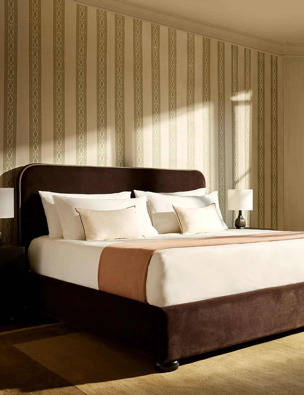 Fully styled bedroom with a percale sheet set on the bed