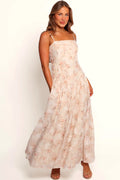 Front view of a floral midi dress with a square neckline