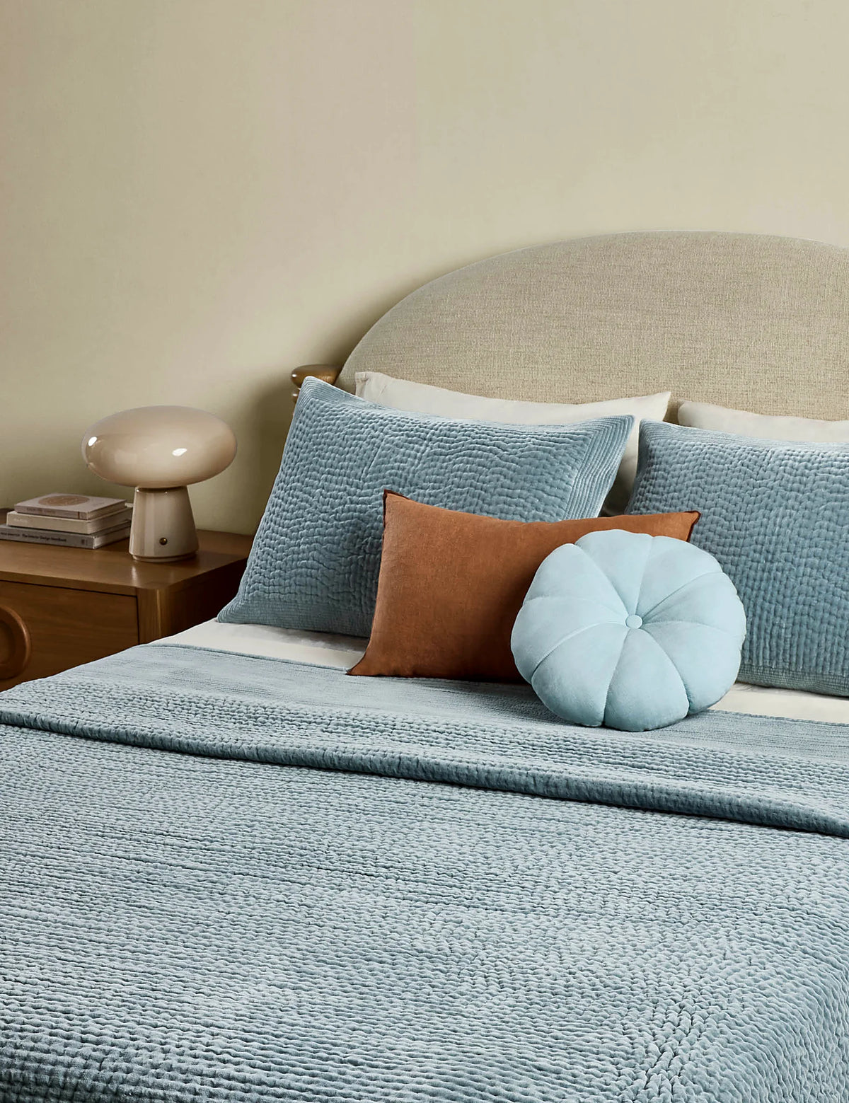 Celeste velvet quilt in queen size photographed against a plain ground