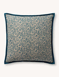 Blue colourway of the pure linen floral pillow shown flat