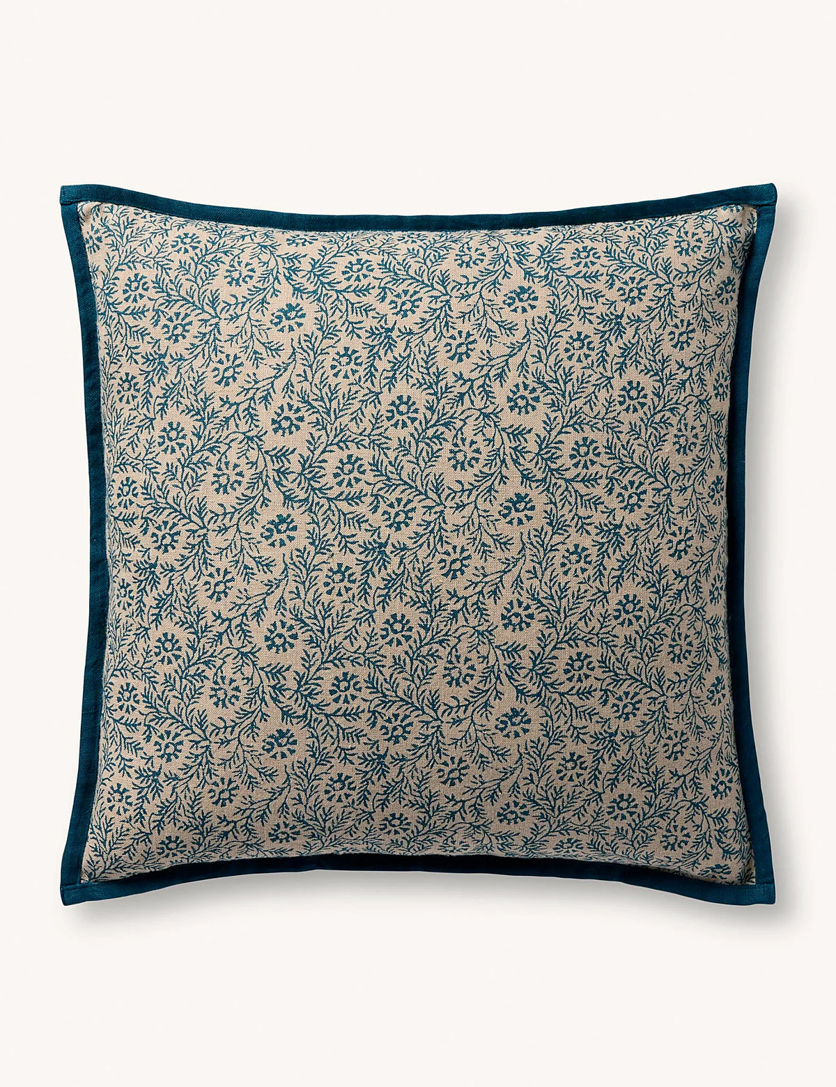 Blue colourway of the pure linen floral pillow shown flat