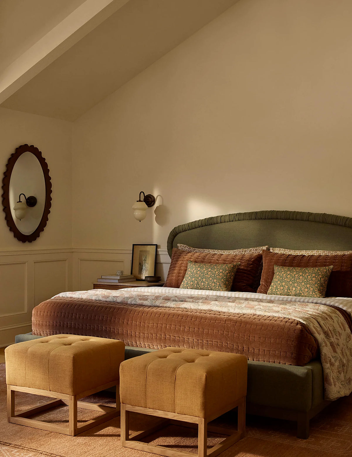 Bedroom interior with velvet shams at the head of the bed