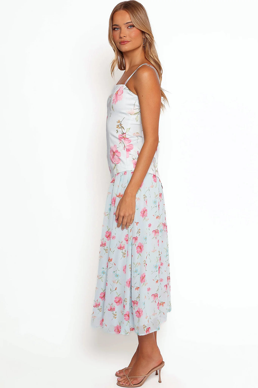 Close detail of the blue floral print on cotton