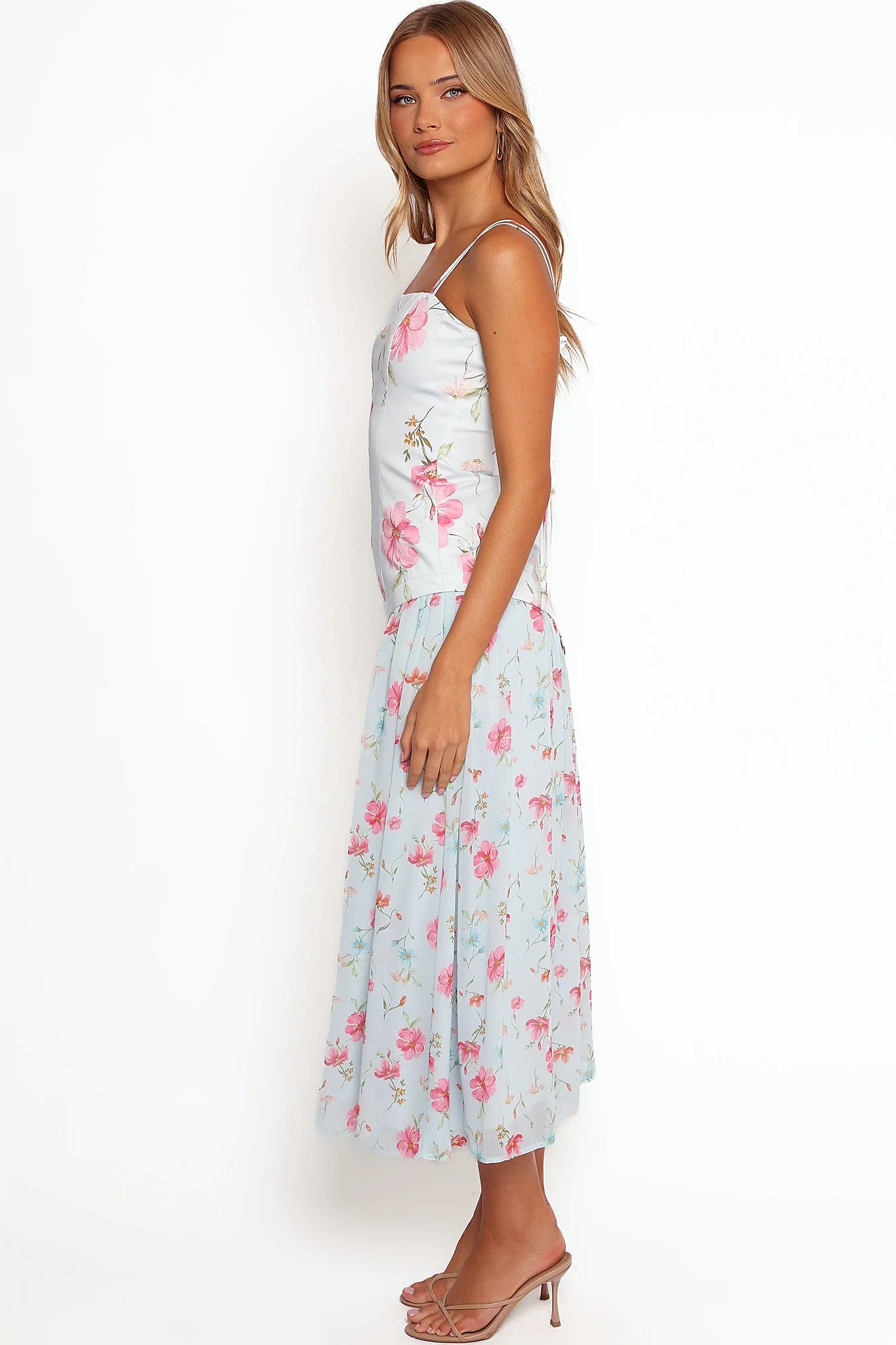 Close detail of the blue floral print on cotton
