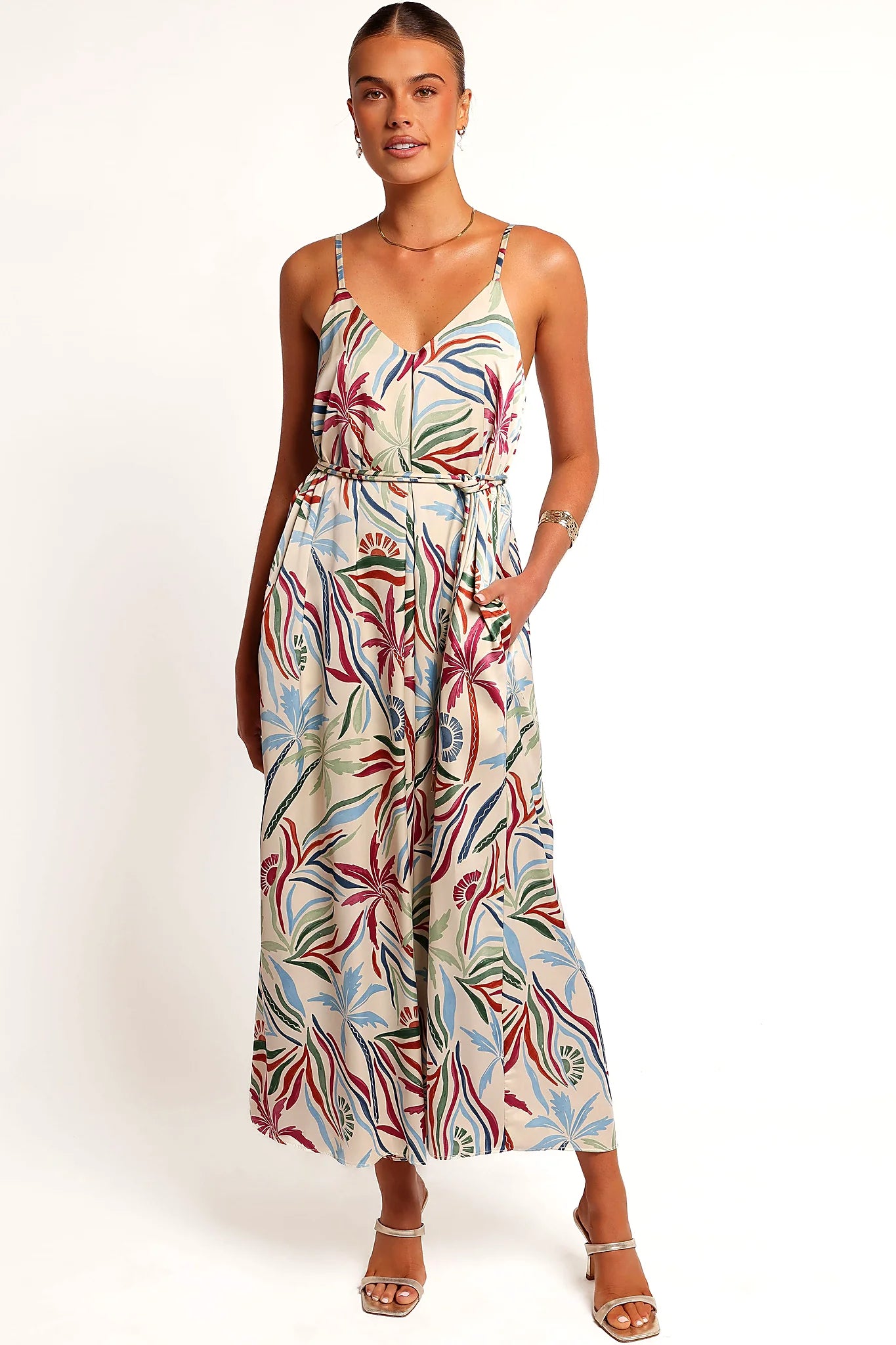 Close detail of the tropical print on the satin