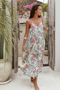 Front view of a tropical print satin maxi dress with a V neckline