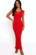 Front view of a red ribbed knit midi dress with a keyhole cut-out