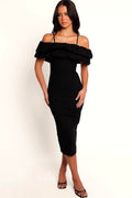 Front view of a black off-shoulder midi dress with tiered ruffle trim