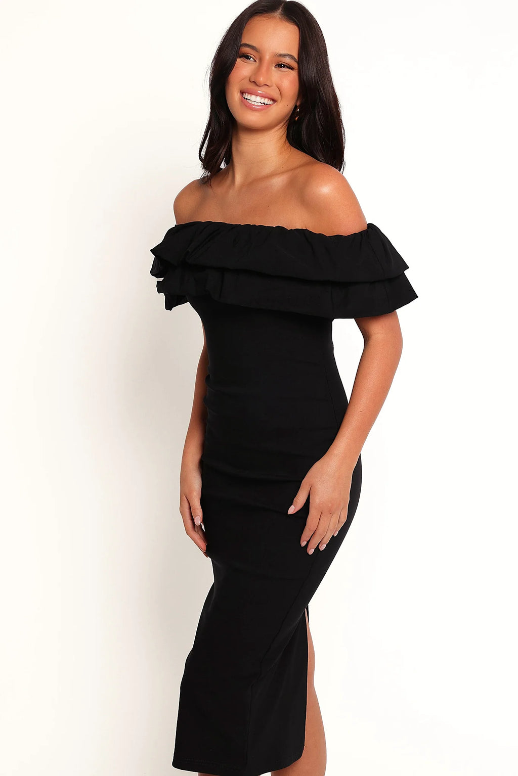 Side view showing the short ruffle sleeves